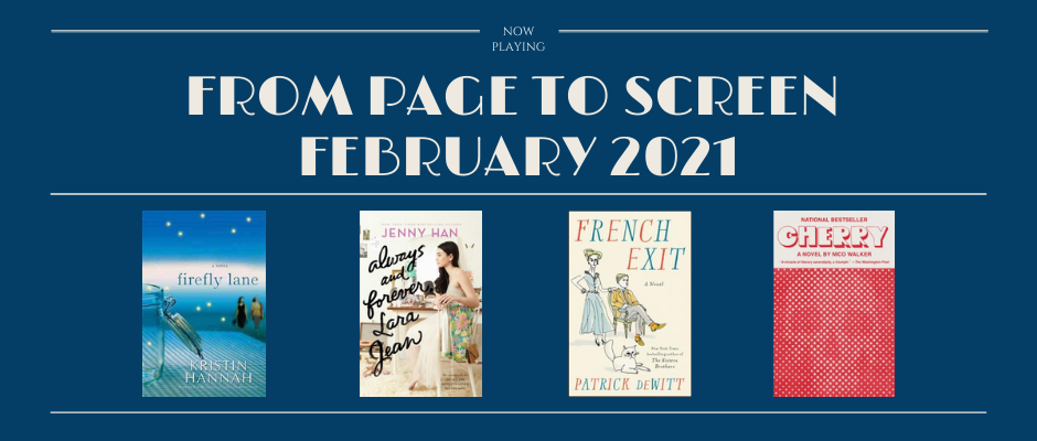 Blue banner that says "From Page to Screen February 2021" with cover images of the books mentioned in the blog post.
