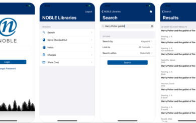 4 images showing different pages of the NOBLE mobile app.