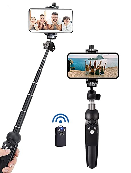 A selfie stick fitted with a phone.
