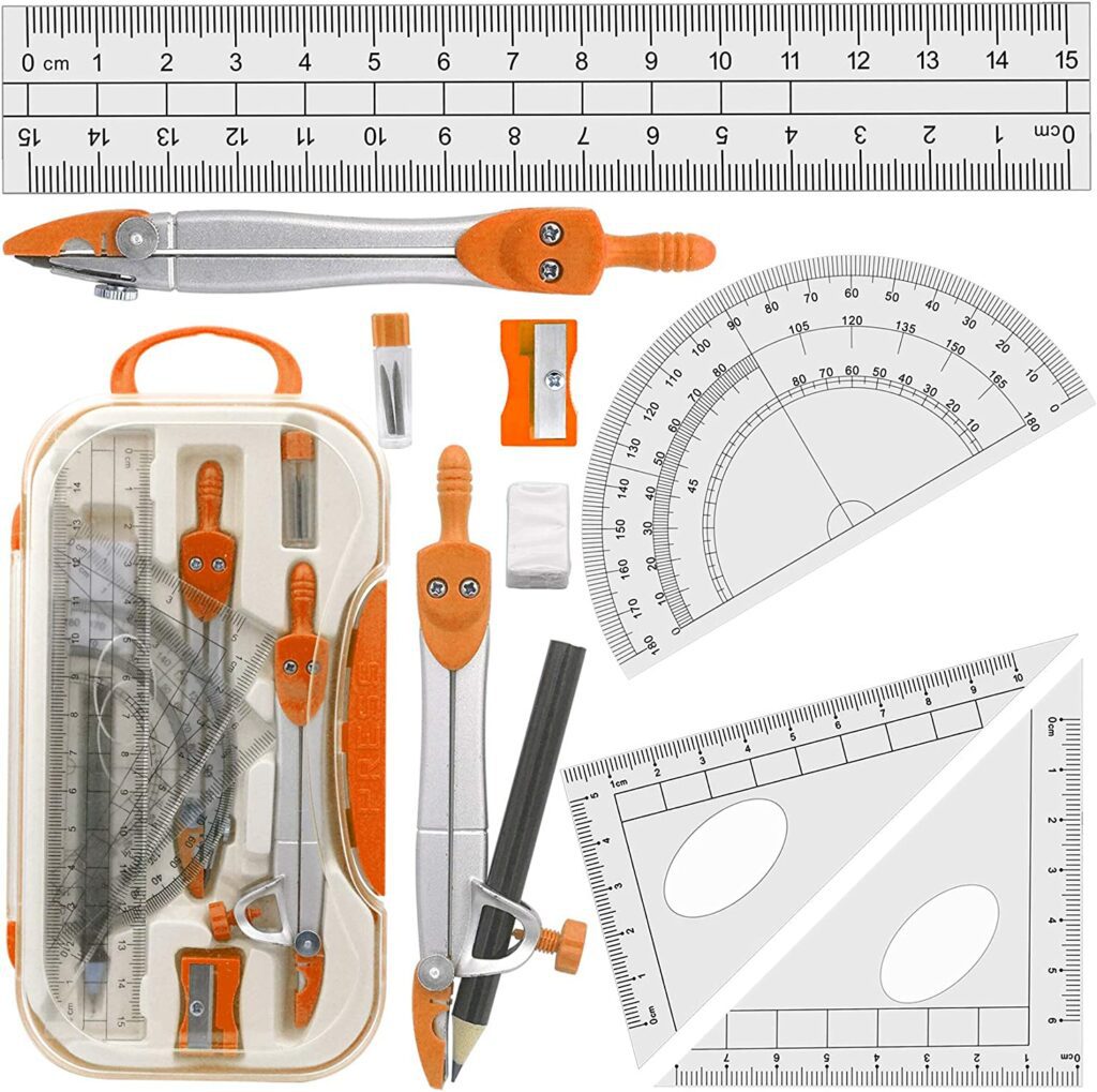 A set of tools for geometry including protractors, compasses, rulers, pencils, pencil sharpener, and more.