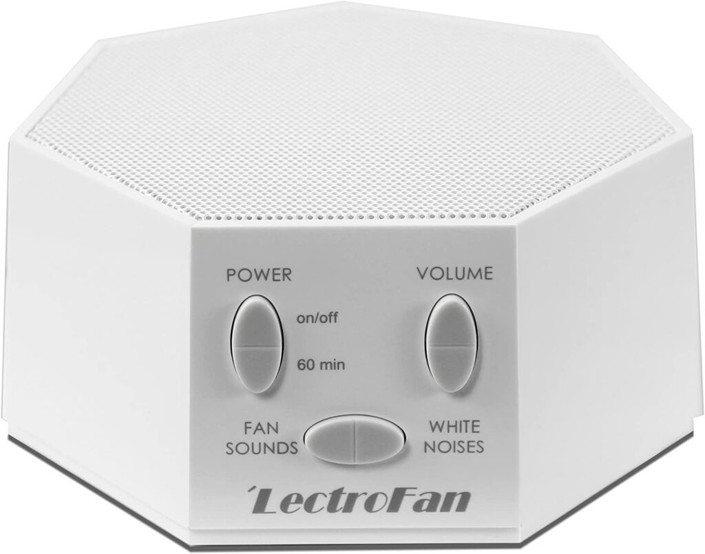 A white noise machine which produces white noise or other static sounds designed to help the listener relax.