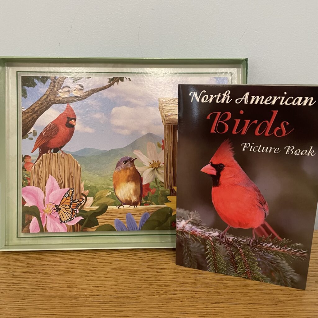 A beautiful puzzle with cardinals and robins. Includes a book on birds of North America.