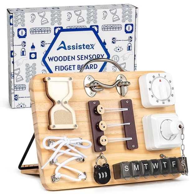 A board with several fidget functions including a shoelace, timer, etc.