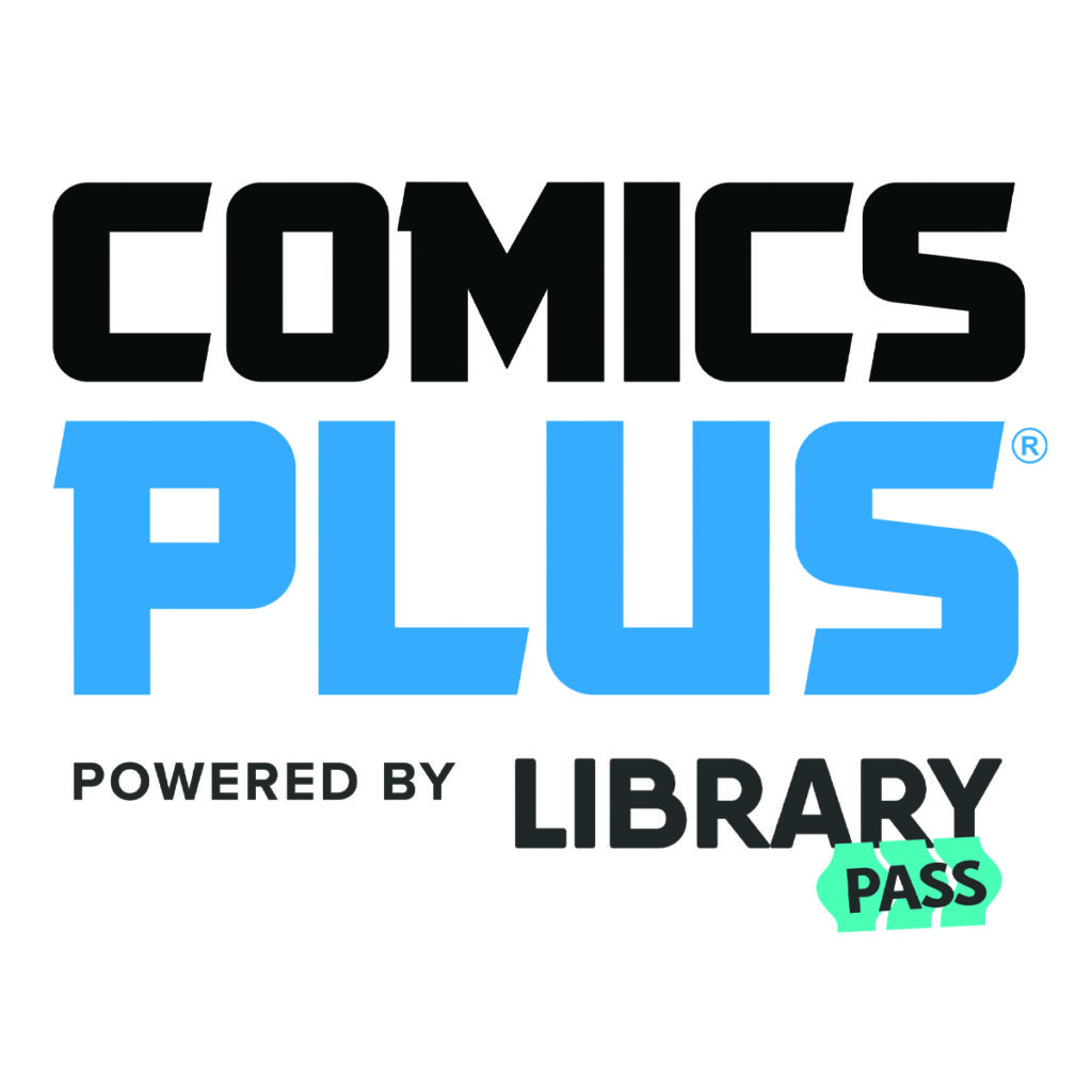 A white background with black and blue text that says "Comics Plus Powered By Library Pass"
