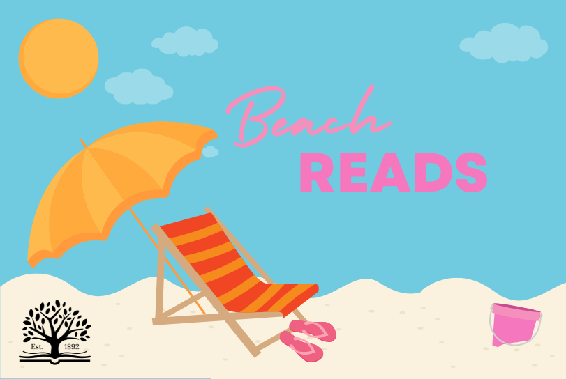 Cartoonish picture of a yellow umbrella and a yellow and red striped beach chair on the sand, under the sun. A pair of pink flip flops is below the chair, a pink pail lies a little further up the sand. Text across the blue sky reads: Beach READS. There is a black tree growing out of a book in the lower left corner, and the text: Est. 1892. It is the Lynnfield Public LIbrary logo.
