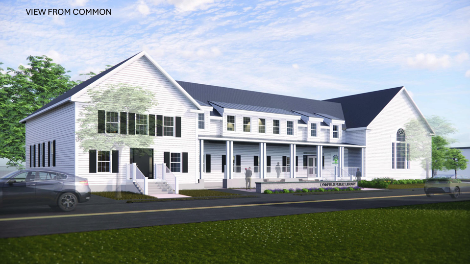 image of proposed renovation of the front of the white clapboard library.