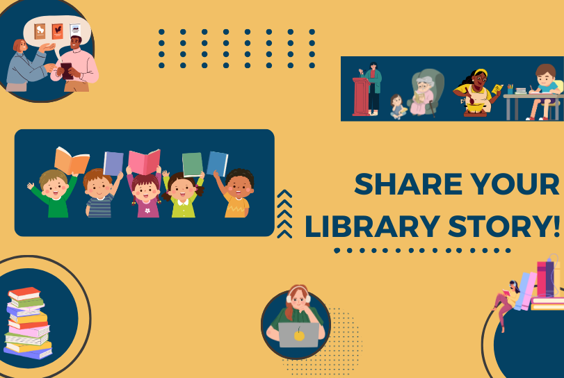 a yellow graphic with blue accents, featuring cartoon images of the different ways people can interact with the library, such as book groups, audiobooks, studying, and using cookbooks