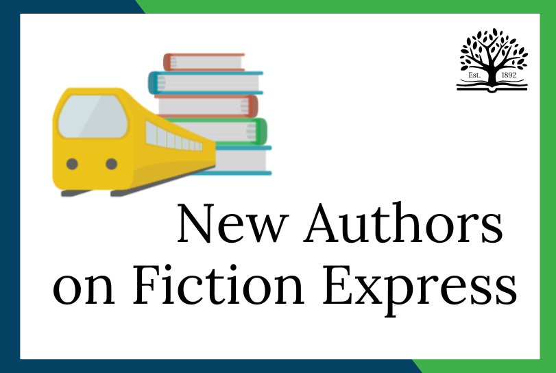 New Authors on Fiction Express. (Cartoonish picture of a train coming out of a stack of books. Lynnfield Library logo in the upper right corner).