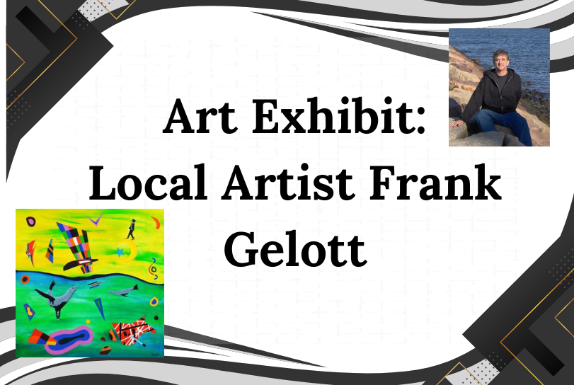 Image of man sitting on beach and a very colorful painting with birds and various shapes. It says Art Exhibit: Local Artist Frank Gelott