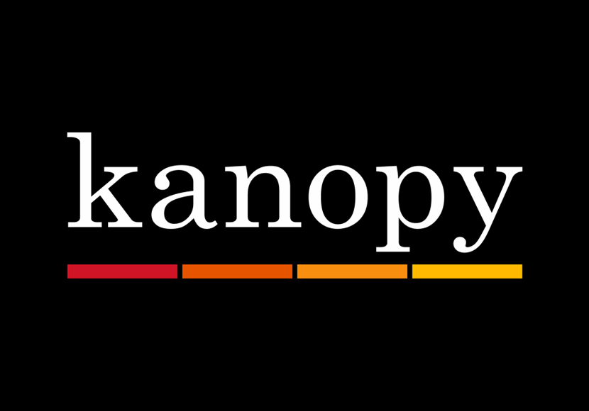 a black image of white text saying Kanopy underlined with red, orange, and yellow